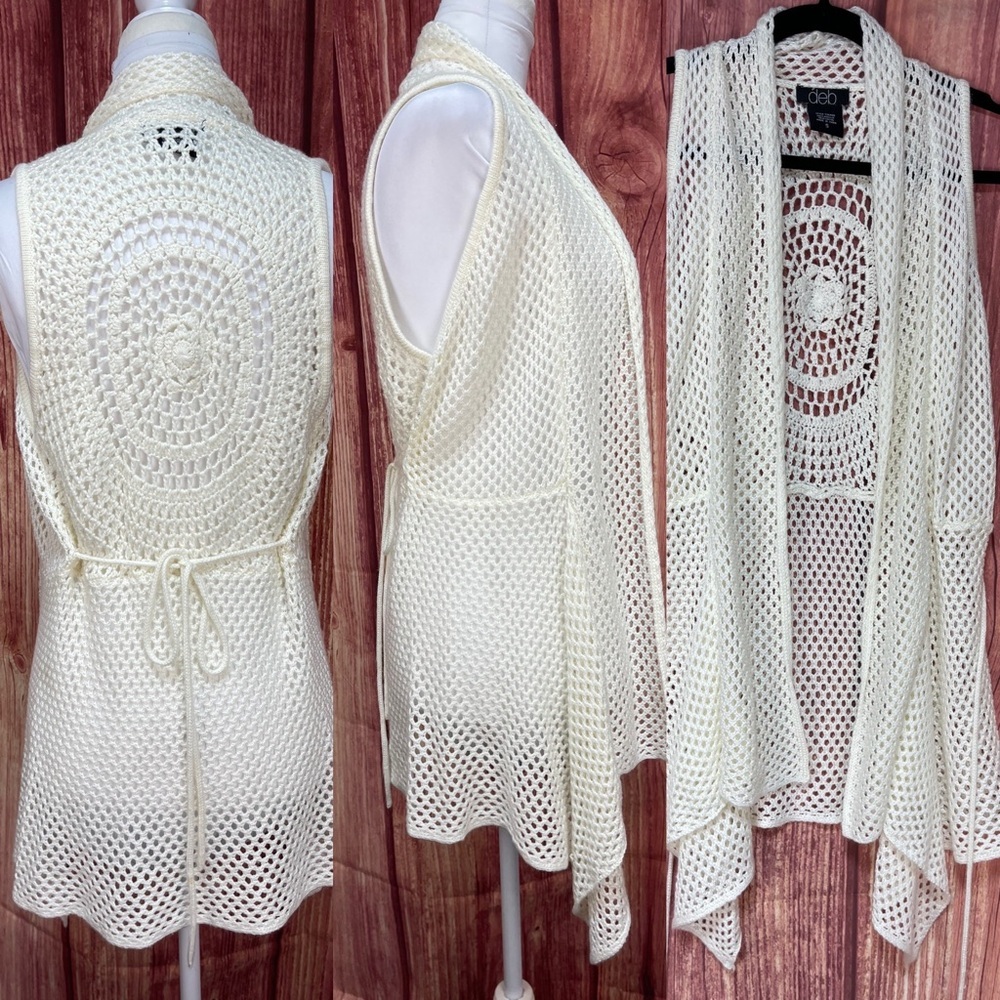 Deb off white crochet open front sleeveless cardigan sweater vest women’s size S